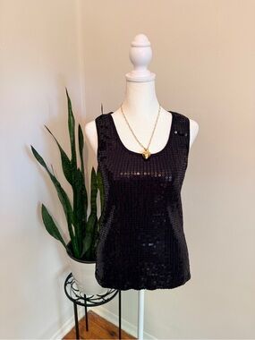 23rd St Black Sequin Tank Top Scoop Neck Cotton Evening Party Top Womens Medium